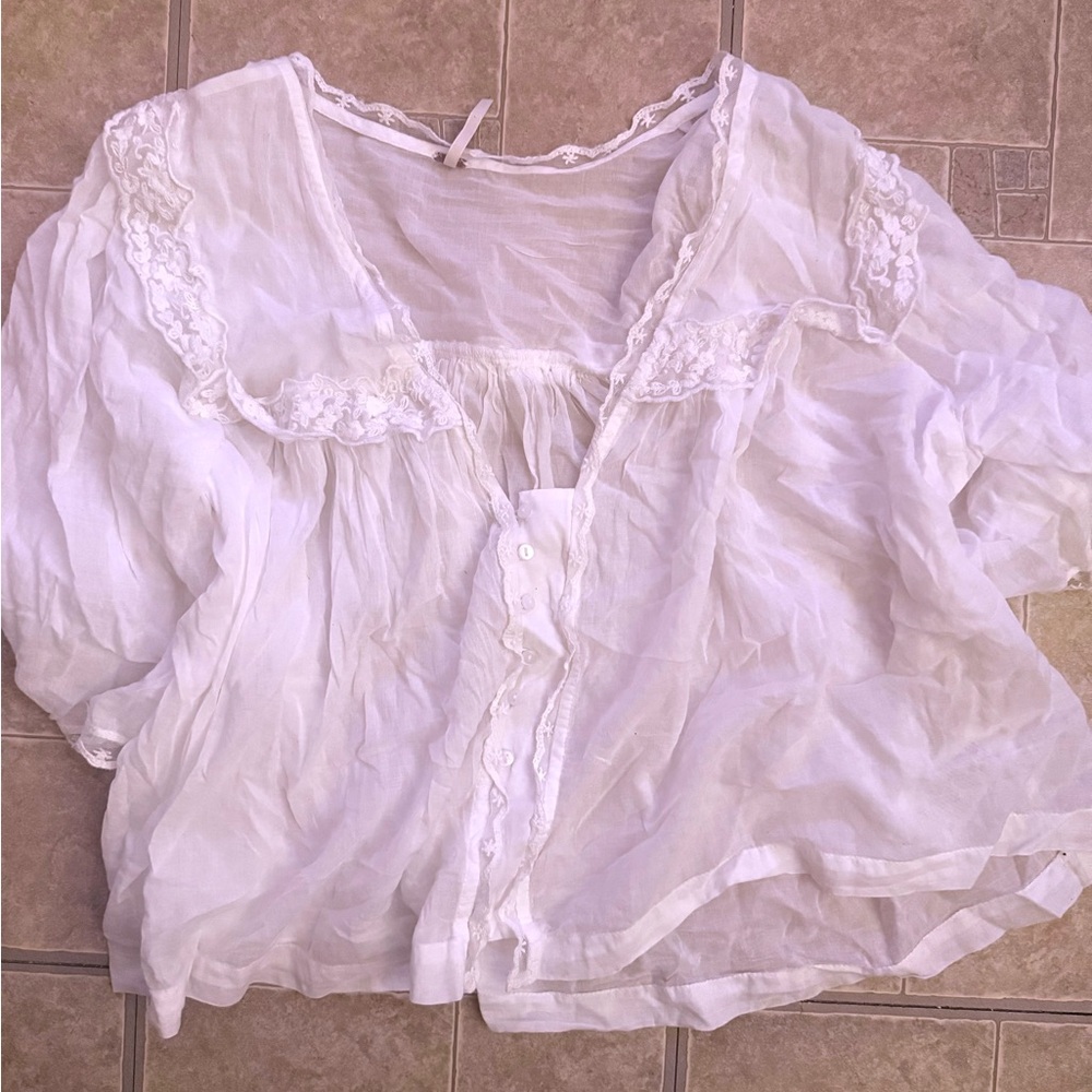 Free People Elegant White Lace Trim Blouse